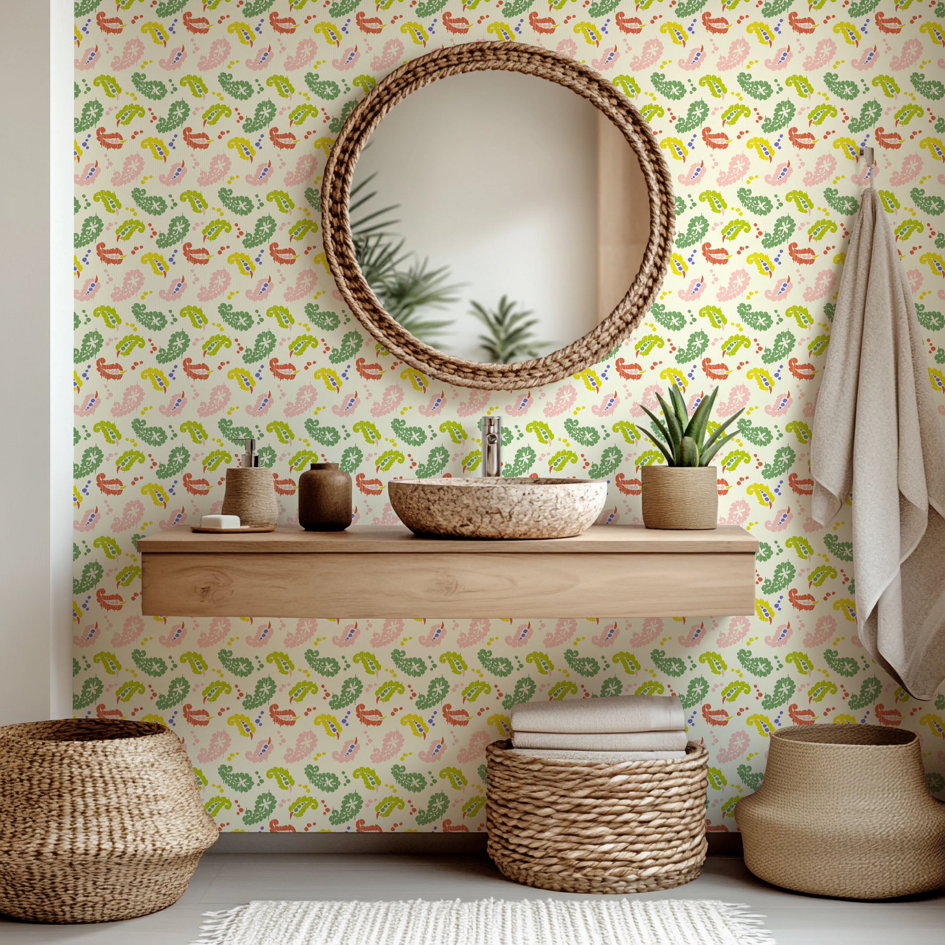 Whisper Bloom self-adhesive wallpaper featuring a colorful, abstract pastel Ikat and paisley design
