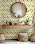 Whisper Bloom self-adhesive wallpaper featuring a colorful, abstract pastel Ikat and paisley design