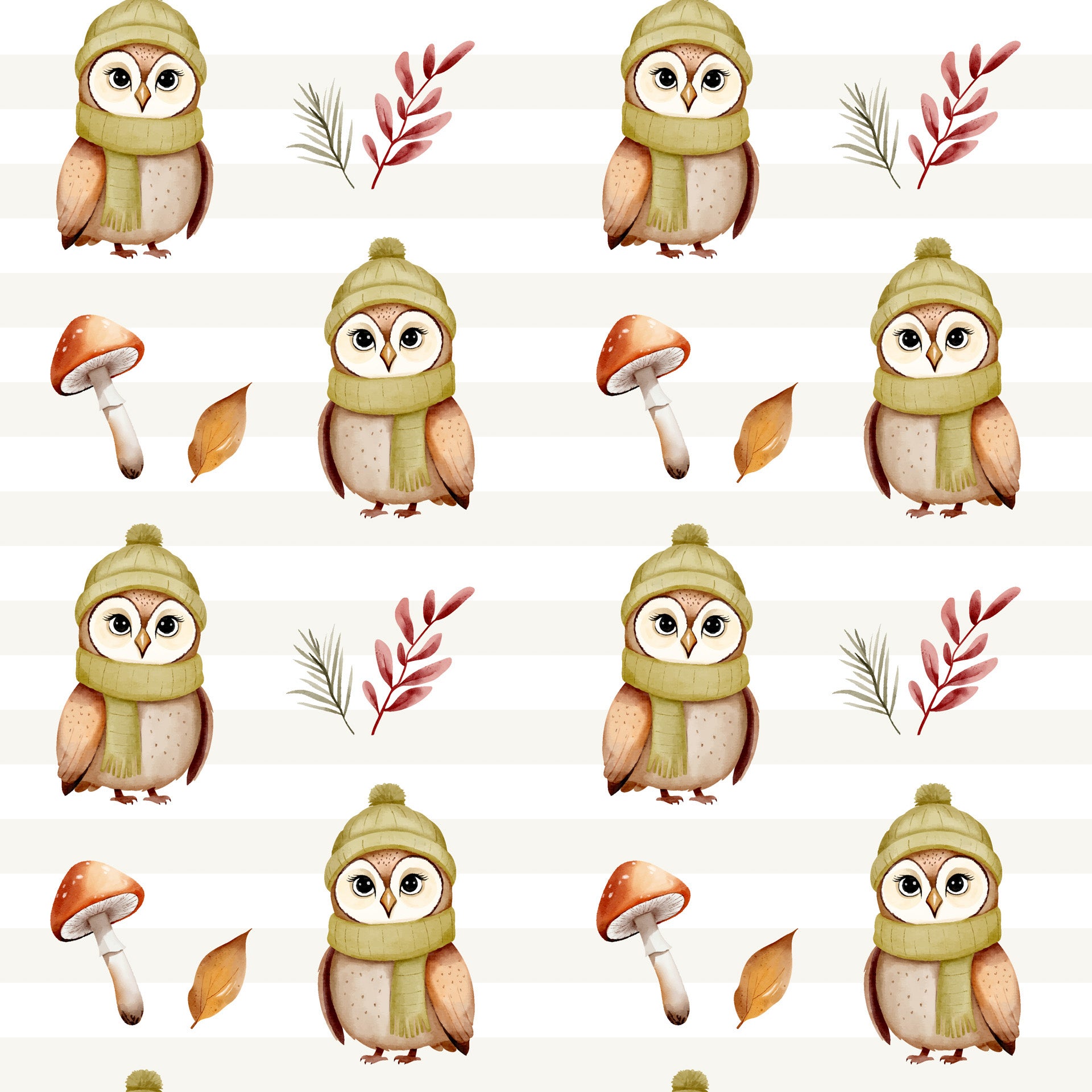 Whimsical owl and woodland illustration wallpaper featuring soft stripes mushrooms leaves and cozy forest animals