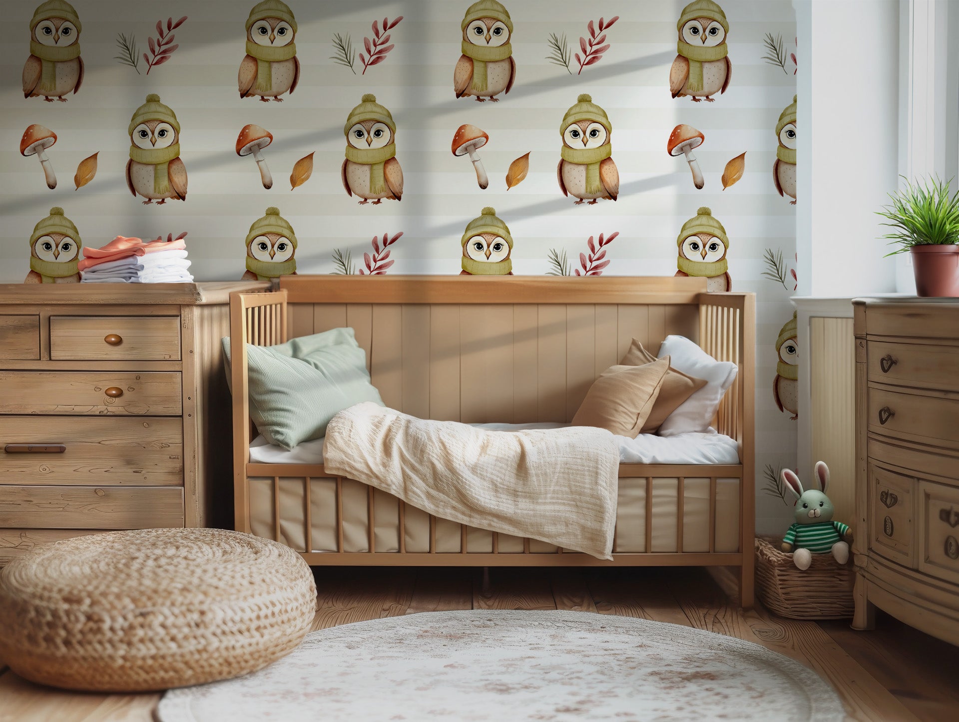 A delightful wall covering with a soft, neutral palette, patterned with winter owls and classic forest motifs.