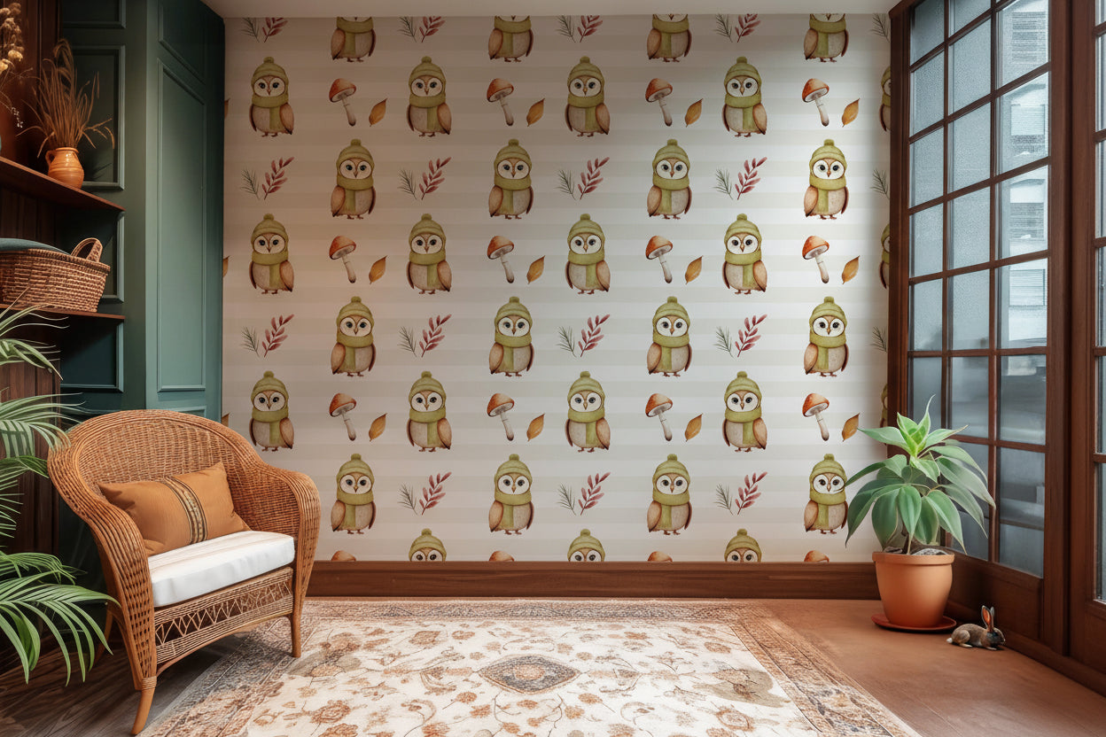 Delightful, muted wallpaper design showcasing snowy owls and various forest motifs