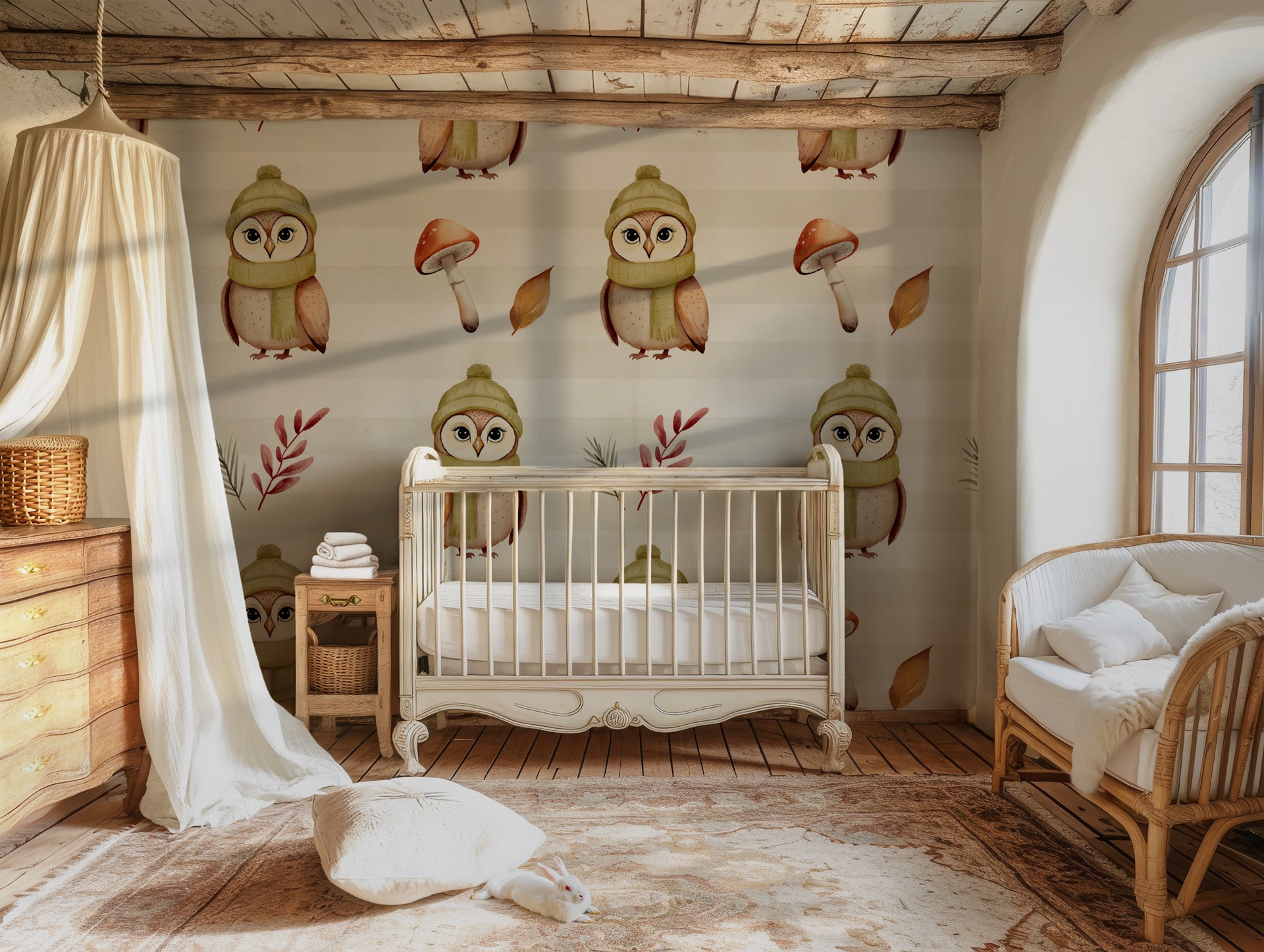 An understated, appealing wallpaper adorned with forest icons and charming cold-weather owls