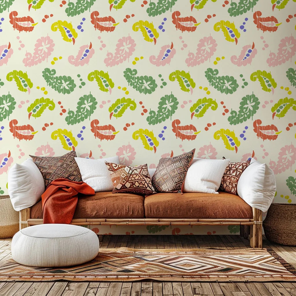 Self-adhesive wallpaper featuring a colorful, abstract pastel Ikat paisley pattern (Whisper Bloom)