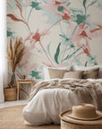 Watercolor botanical wallpaper in gentle pastel pink and green tones, called Whispered Bloom