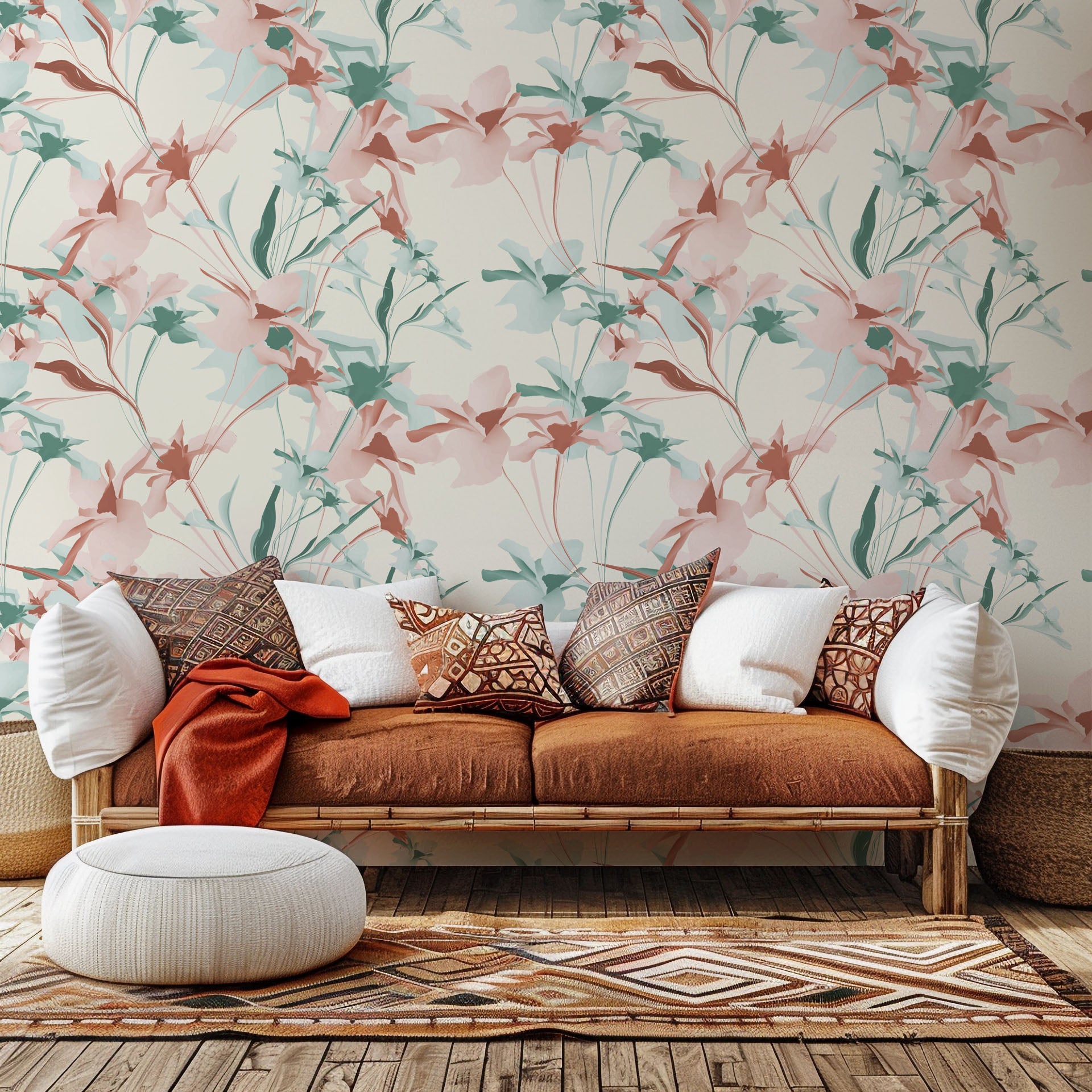Watercolor botanical wallpaper in gentle pastel pink and green tones, called Whispered Bloom