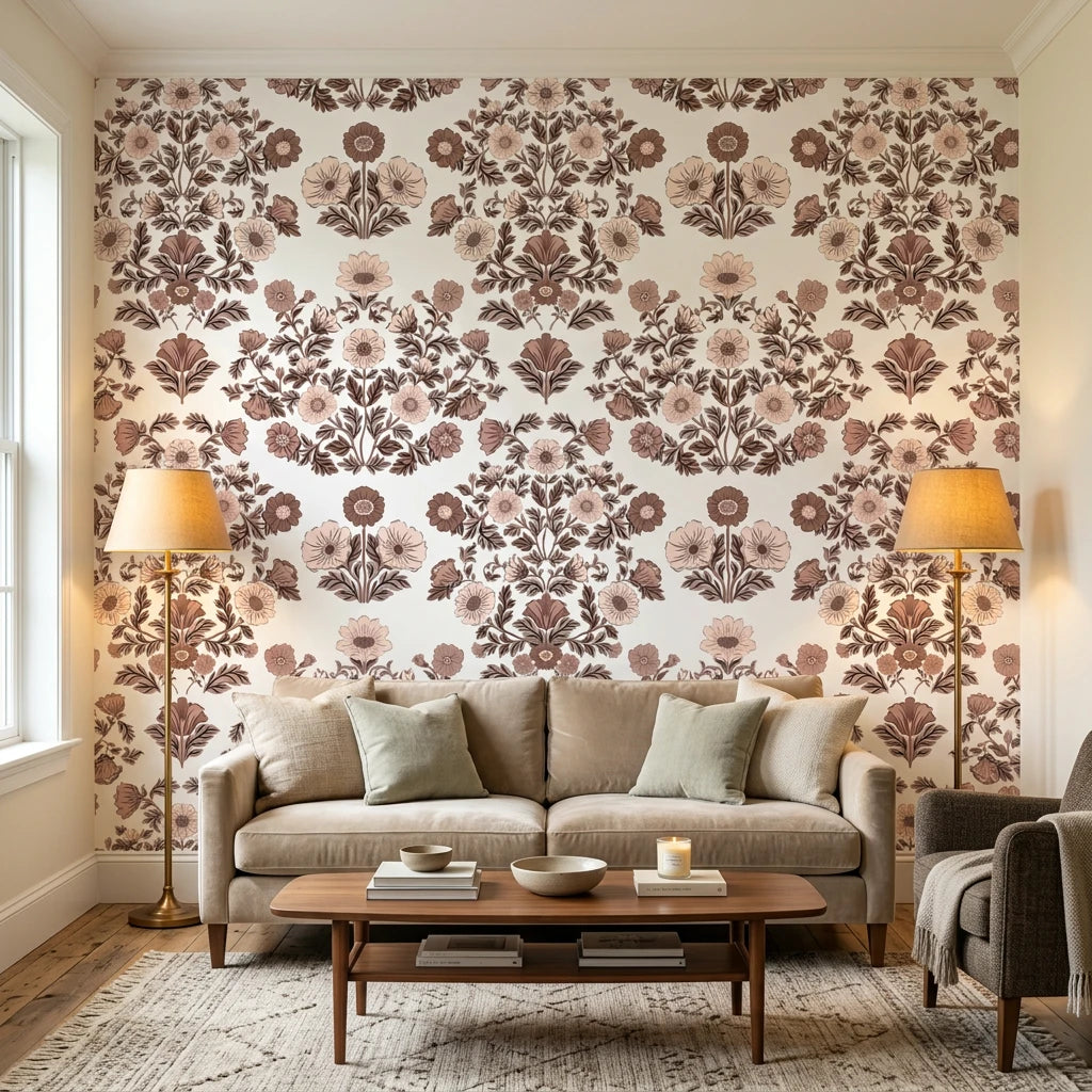 Whispered Garden vintage mauve floral damask wallpaper in a warm and inviting living room