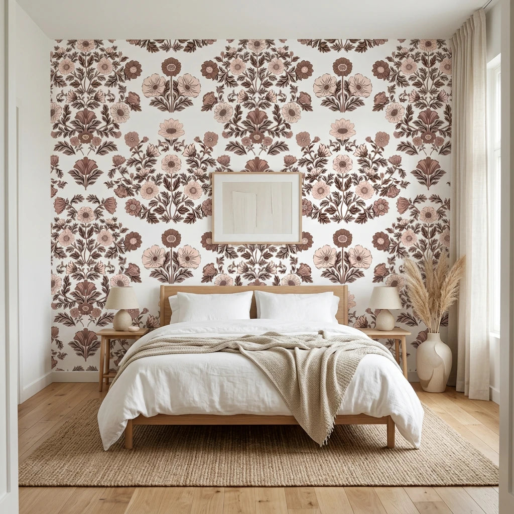 Whispered Garden vintage mauve floral damask wallpaper adding character to a cozy bedroom
