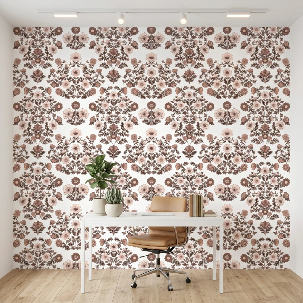 Whispered Garden vintage mauve floral damask wallpaper as a feature wall in a bright home office