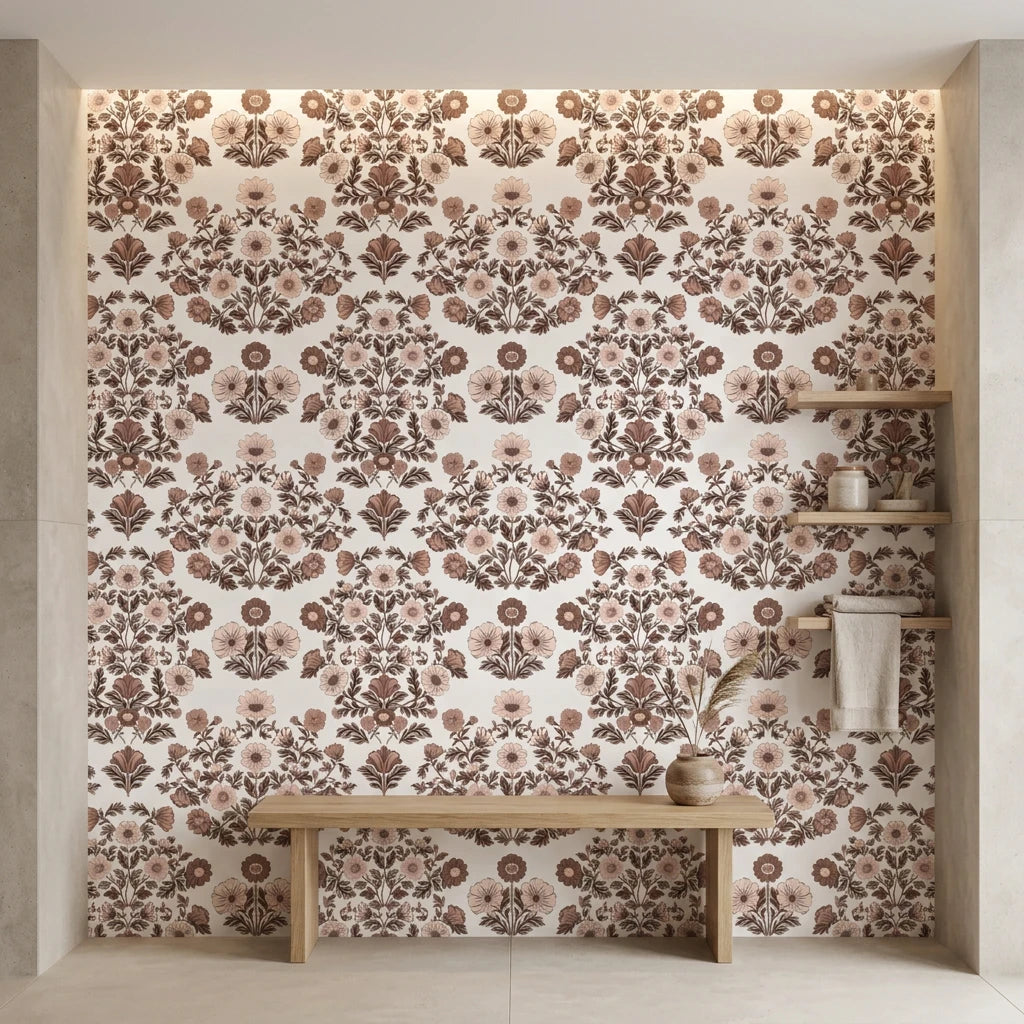 Whispered Garden vintage mauve floral damask wallpaper creating ambiance in a serene bathroom