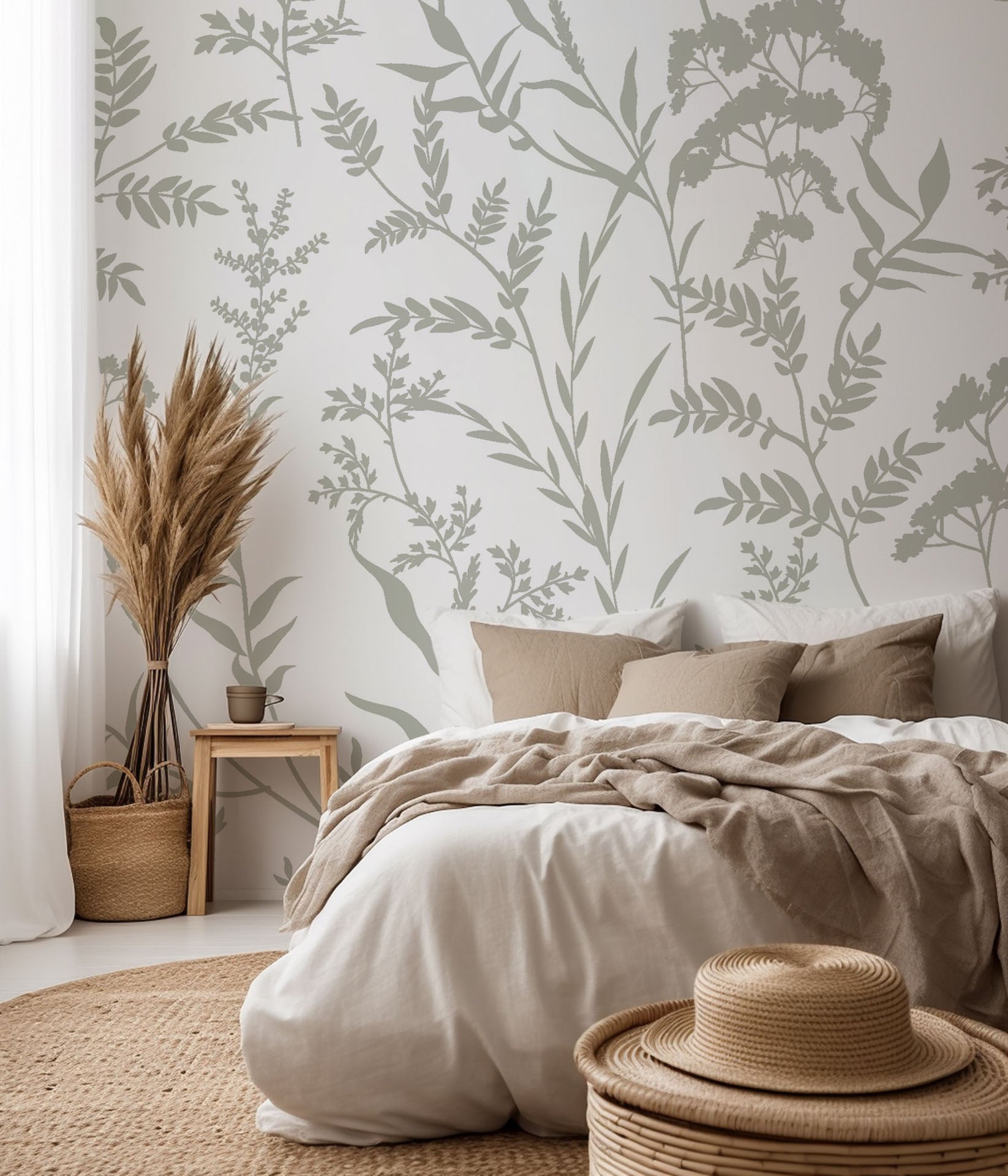 Grayscale wildflower outline design self-adhesive wall covering, titled Whispered Meadows