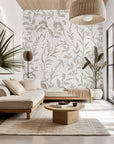 Peel and stick wallpaper, Whispered Meadows design, featuring a grey and white silhouette of botanical wildflowers