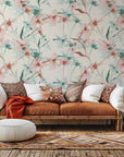 Watercolor botanical wallpaper in gentle pastel pink and green tones, called Whispered Bloom