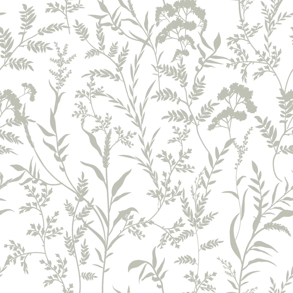Removable peel-and-stick wallpaper featuring a monochrome grey and white silhouette of wildflowers