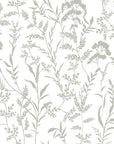 Removable peel-and-stick wallpaper featuring a monochrome grey and white silhouette of wildflowers
