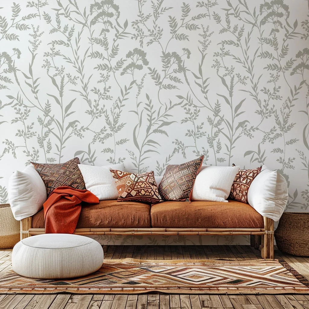 Self-adhesive wallpaper featuring a gray and white silhouette of wildflowers, from the Whispered Meadows collection