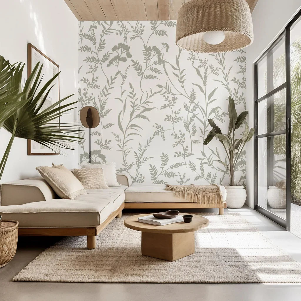 Peel and stick wallpaper, Whispered Meadows design, featuring a grey and white silhouette of botanical wildflowers