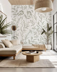 Peel and stick wallpaper, Whispered Meadows design, featuring a grey and white silhouette of botanical wildflowers