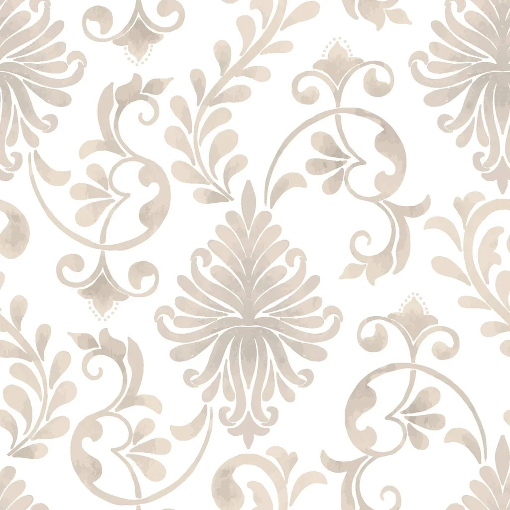 Classic beige damask scrollwork on Whispering Florals peel and stick wallpaper with ornate botanical medallions