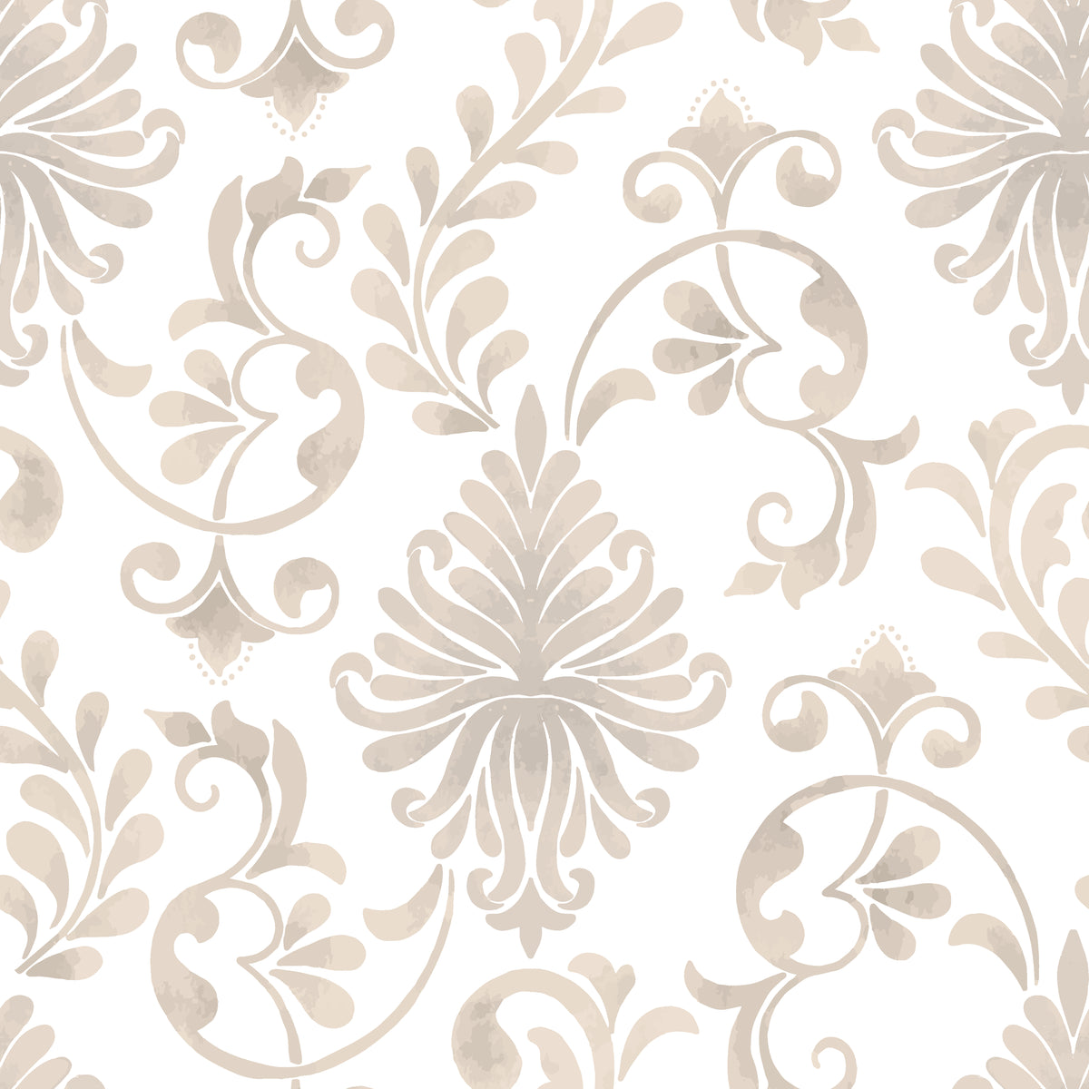 Classic beige damask scrollwork on Whispering Florals peel and stick wallpaper with ornate botanical medallions