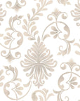 Classic beige damask scrollwork on Whispering Florals peel and stick wallpaper with ornate botanical medallions