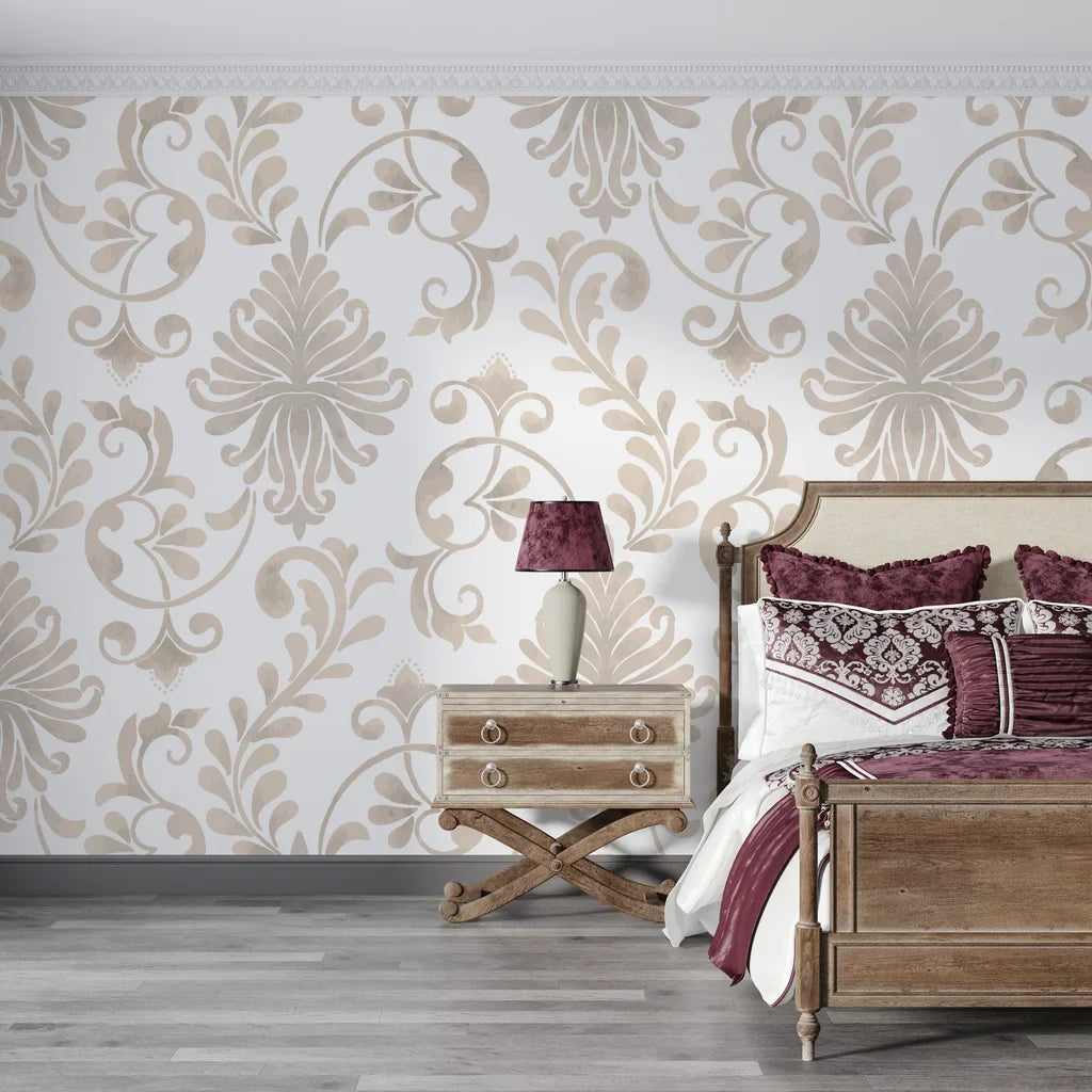 Taupe and cream Whispering Florals damask wallpaper in elegant bedroom with vintage furniture