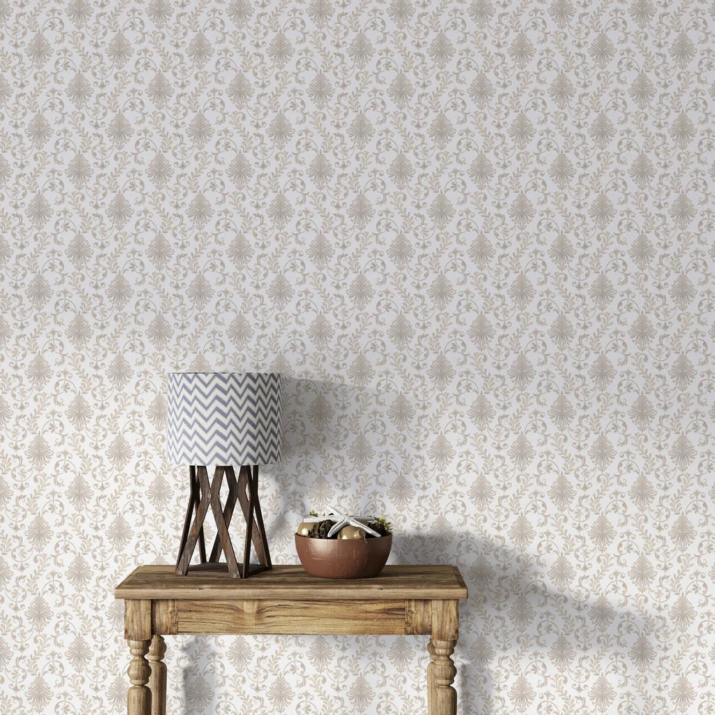 Taupe and cream Whispering Florals damask wallpaper in modern living room with wooden console table