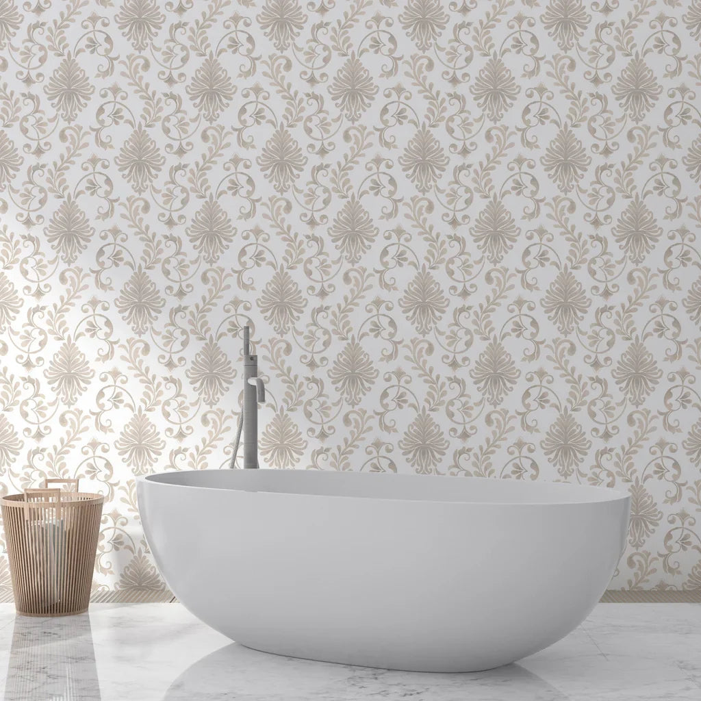 Beige and taupe Whispering Florals damask wallpaper in elegant bathroom with freestanding tub