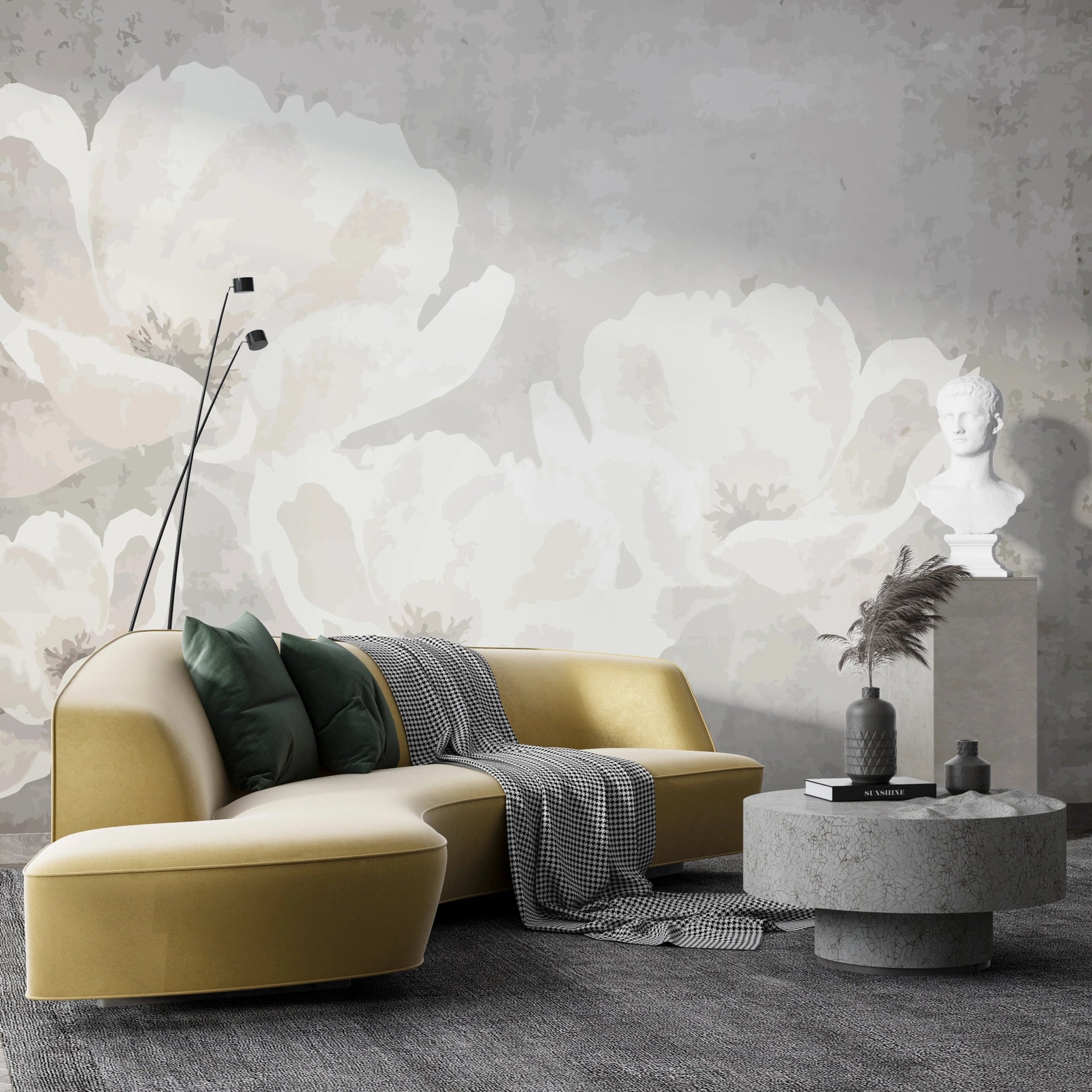 Oversized white flowers on gray textured background create soft watercolor mural wallpaper in modern living room