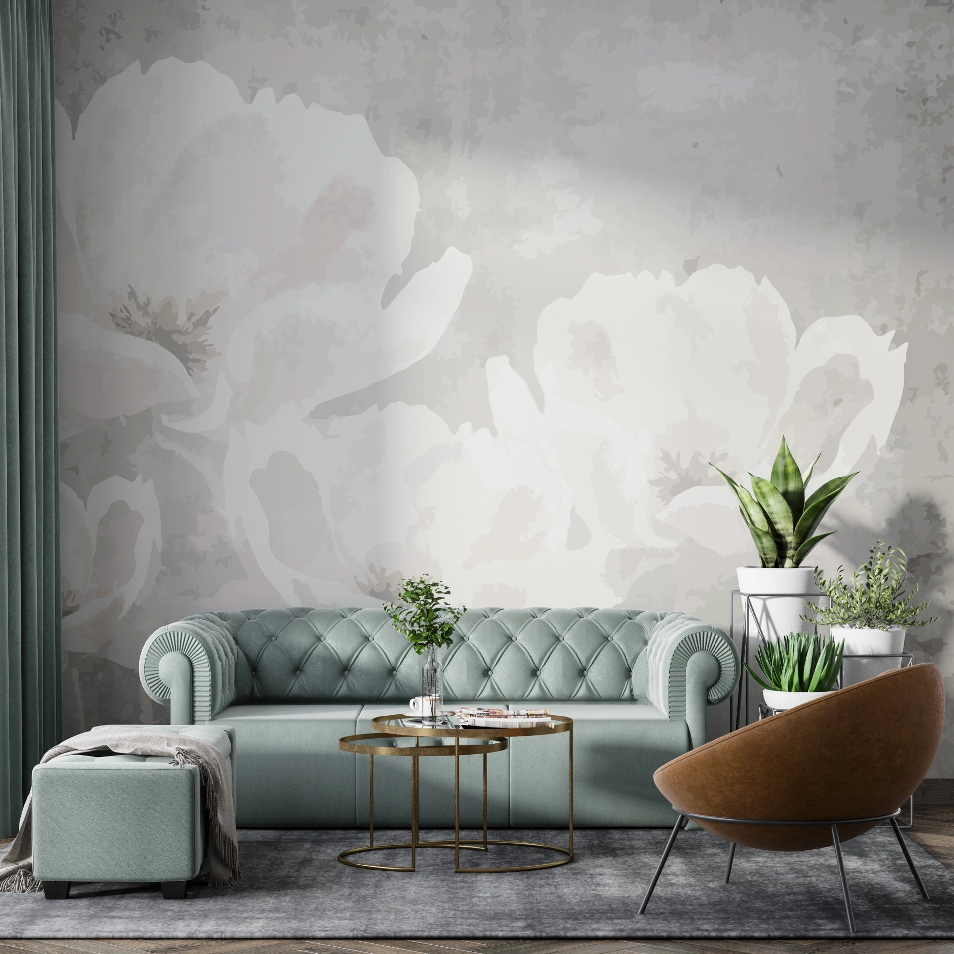 White Flowers mural wallpaper with oversized soft gray blooms in modern living room setting