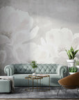 White Flowers mural wallpaper with oversized soft gray blooms in modern living room setting