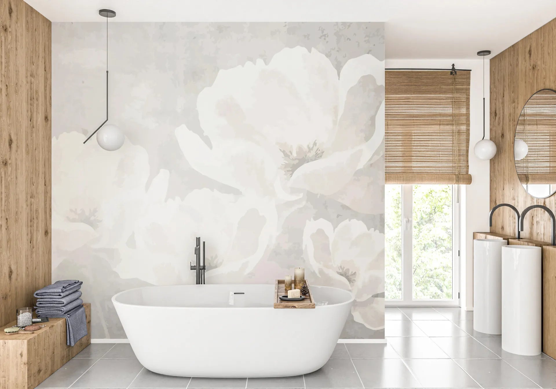 White Flowers removable wallpaper with soft gray peony blooms in modern spa bathroom