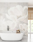 White Flowers removable wallpaper with soft gray peony blooms in modern spa bathroom