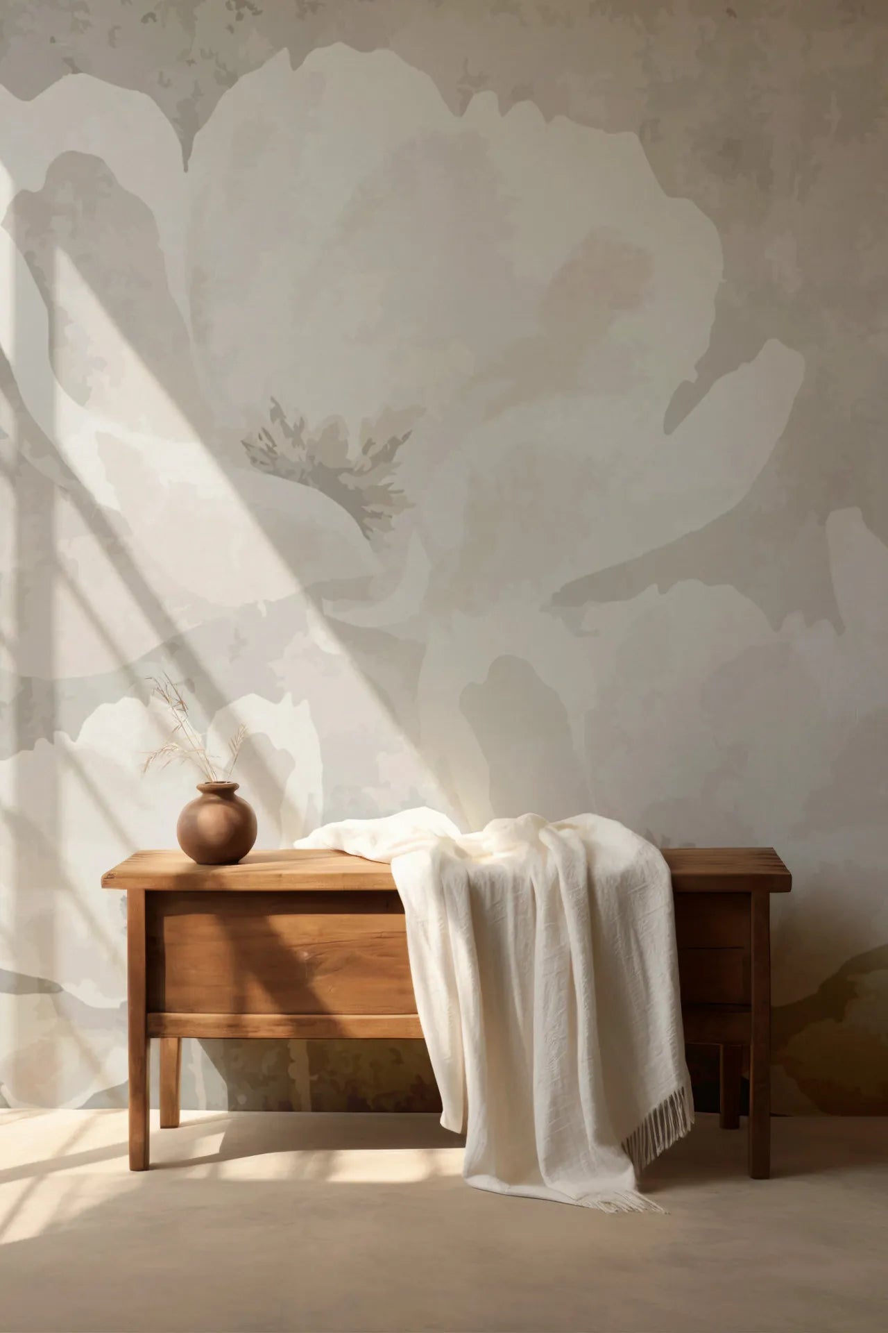 Cream and taupe White Flowers peel and stick wallpaper with oversized floral bloom in sunlit room
