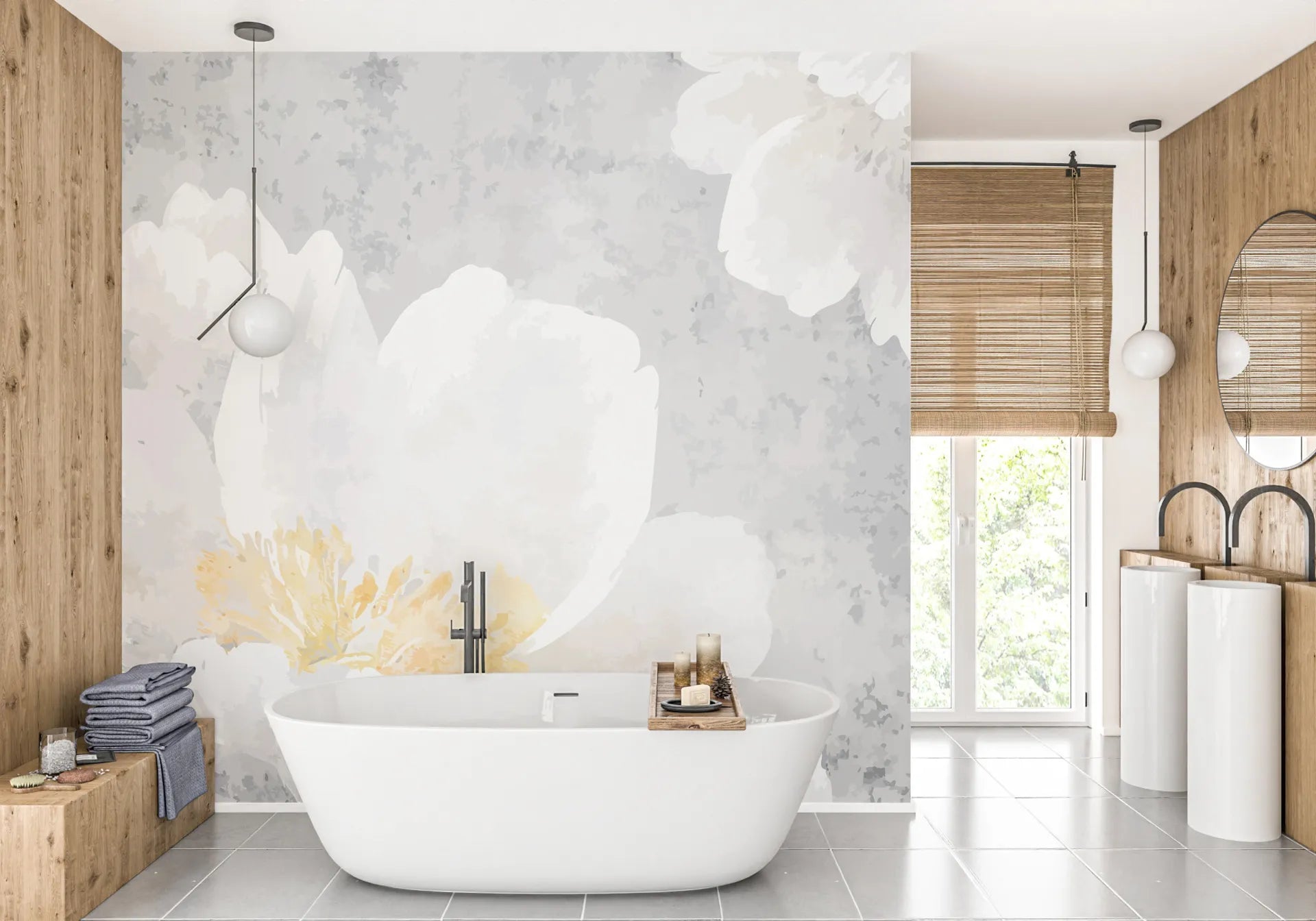 Soft gray and white White Peonies watercolor floral wallpaper in modern spa bathroom with natural wood accents