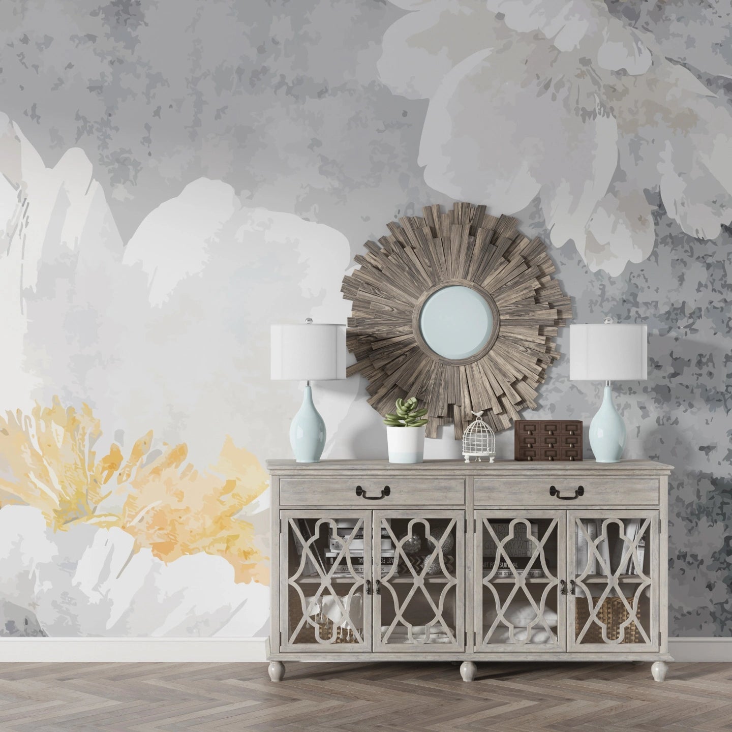 Gray and white watercolor White Peonies wallpaper with golden yellow center accent in elegant living room setting