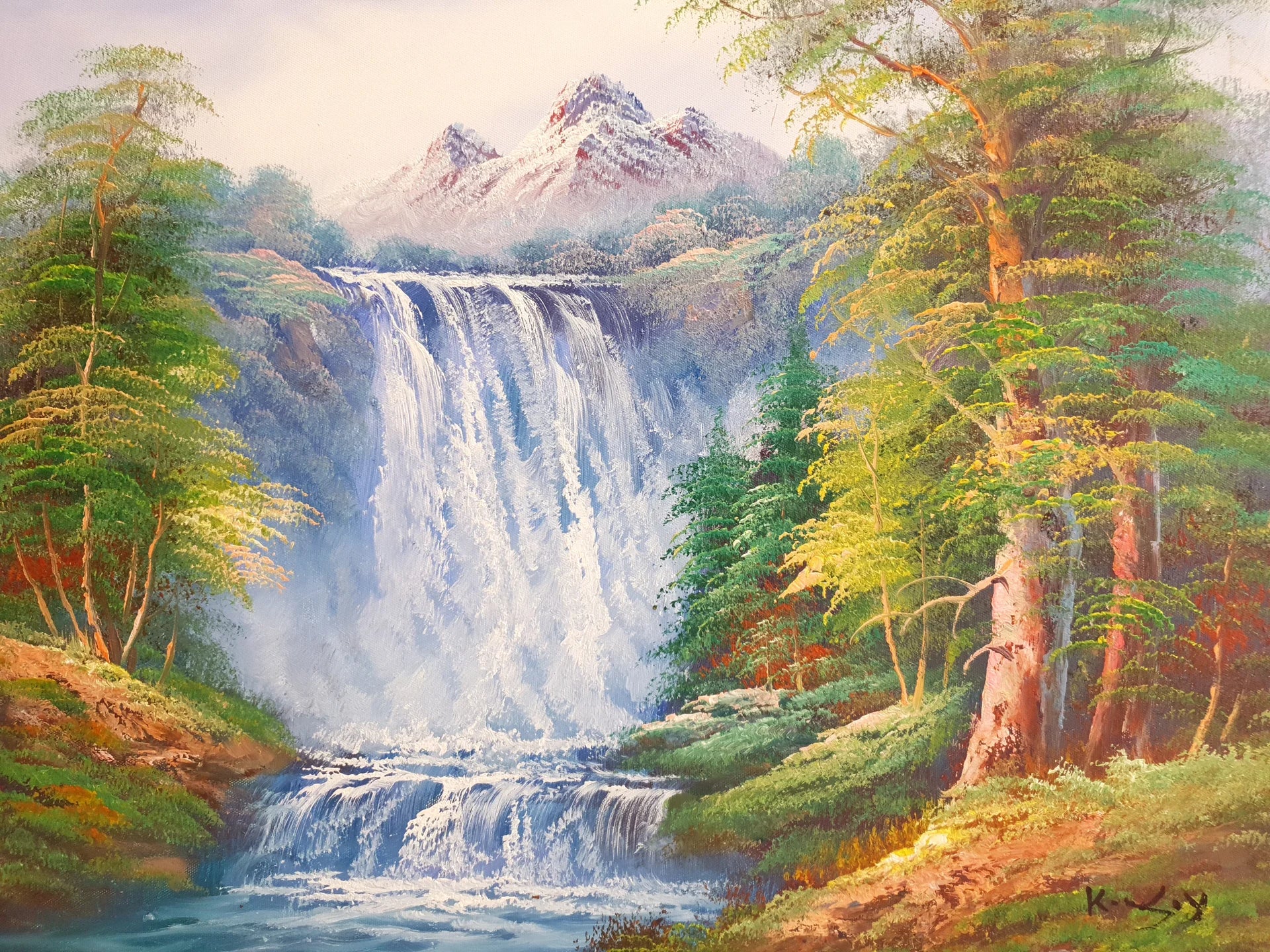 White Rush mountain waterfall landscape wallpaper creating ambiance in a serene bathroom
