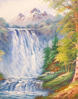 White Rush mountain waterfall landscape wallpaper creating ambiance in a serene bathroom