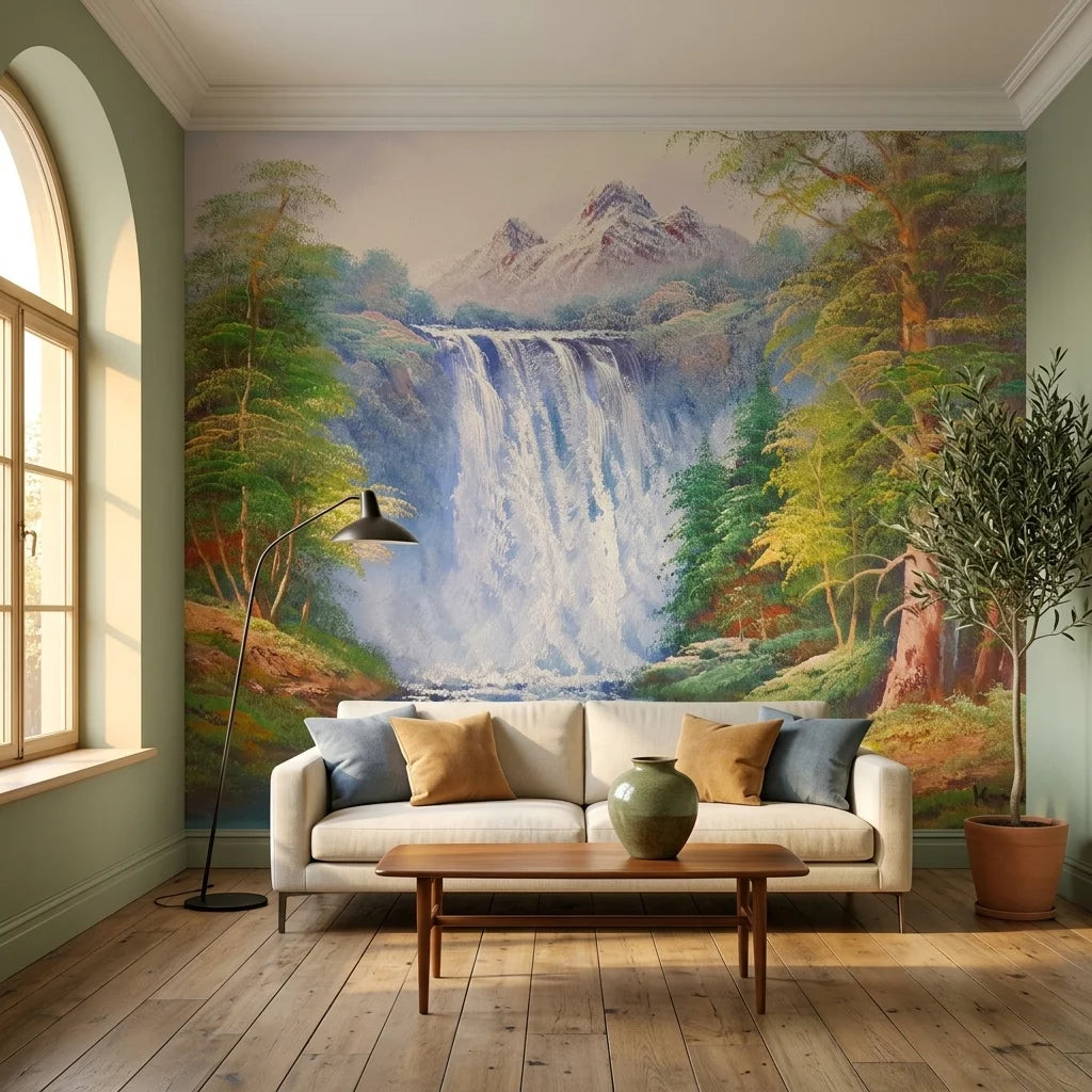 Canvas-like green mountain waterfall landscape scenic peel and stick wallpaper - White Rush