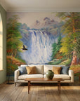 Canvas-like green mountain waterfall landscape scenic peel and stick wallpaper - White Rush