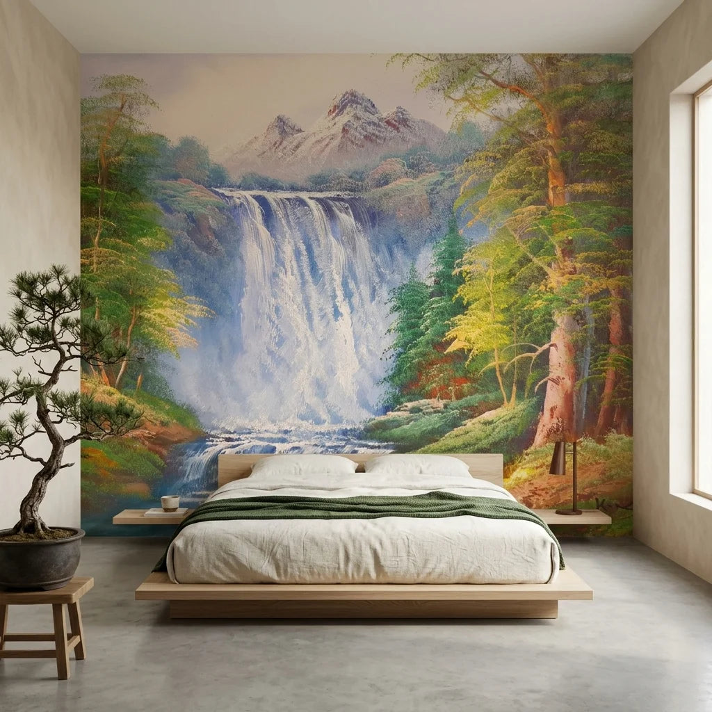 White Rush mountain waterfall landscape wallpaper in a warm and inviting living room