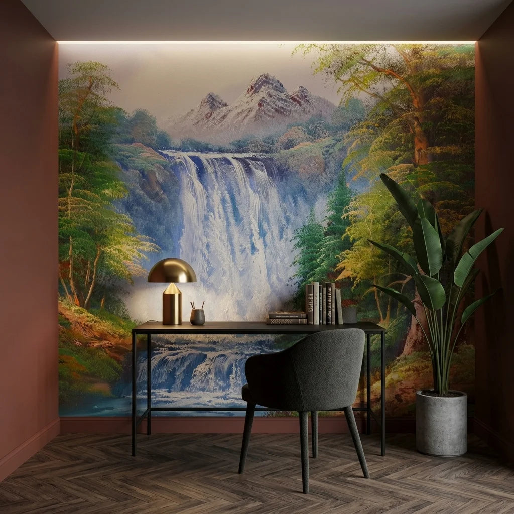 White Rush mountain waterfall landscape wallpaper adding character to a cozy bedroom