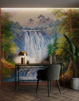 White Rush mountain waterfall landscape wallpaper adding character to a cozy bedroom