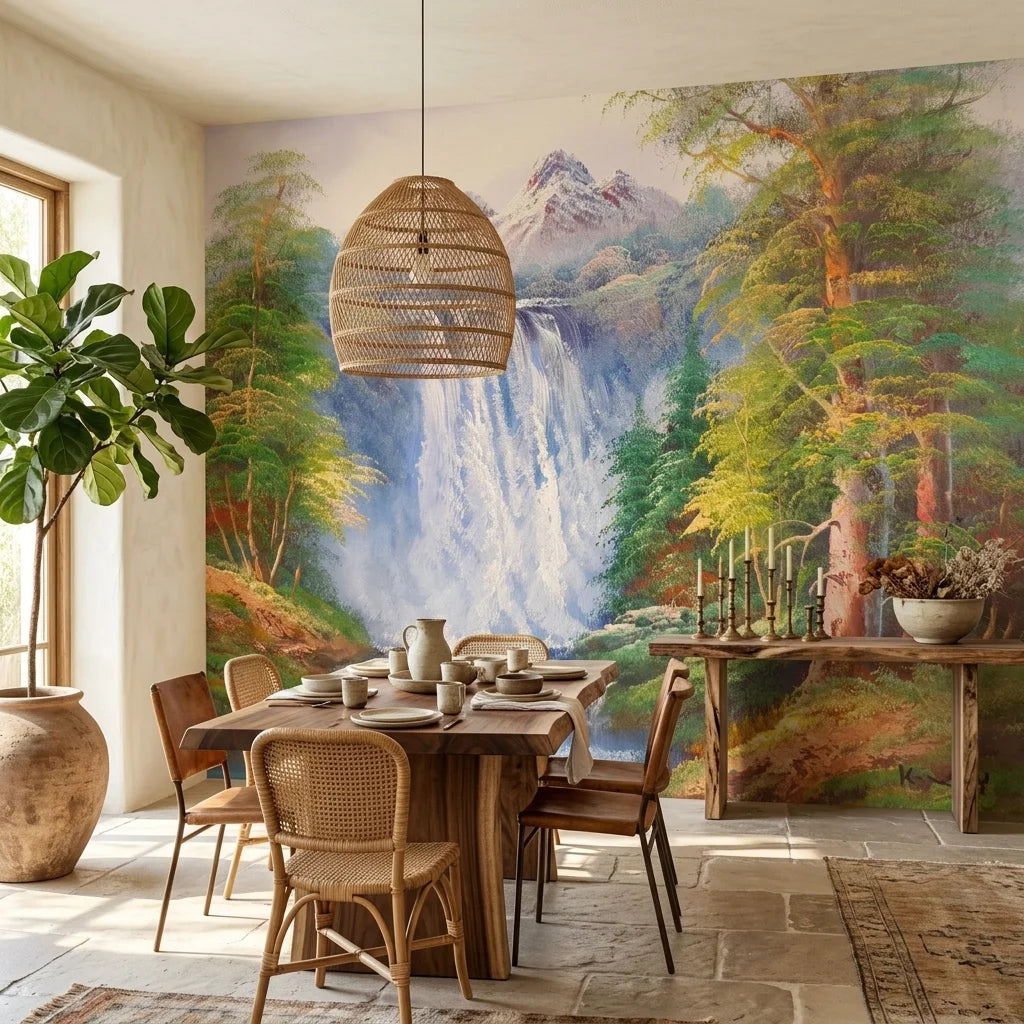 White Rush mountain waterfall landscape wallpaper as a feature wall in a bright home office