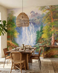 White Rush mountain waterfall landscape wallpaper as a feature wall in a bright home office
