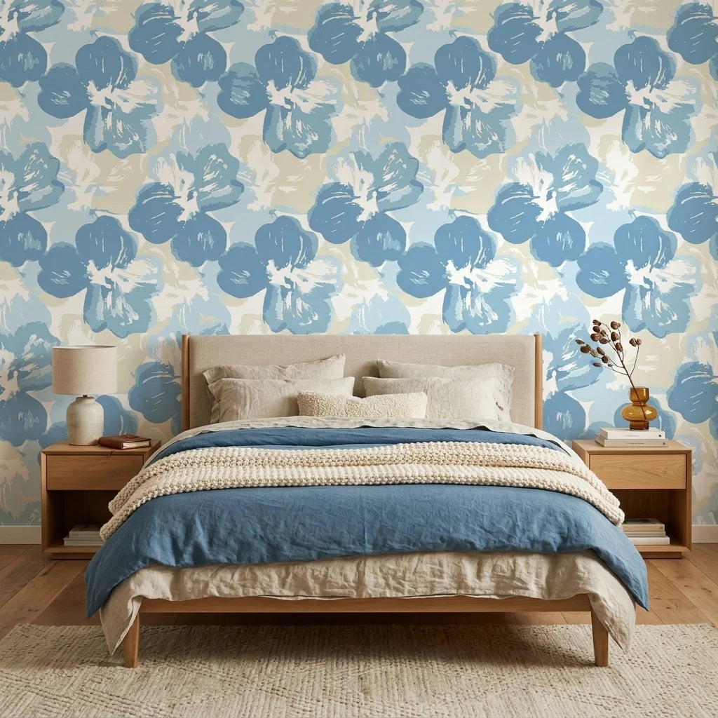 Wide Open Sky blue floral peel and stick wallpaper in a warm and inviting living room