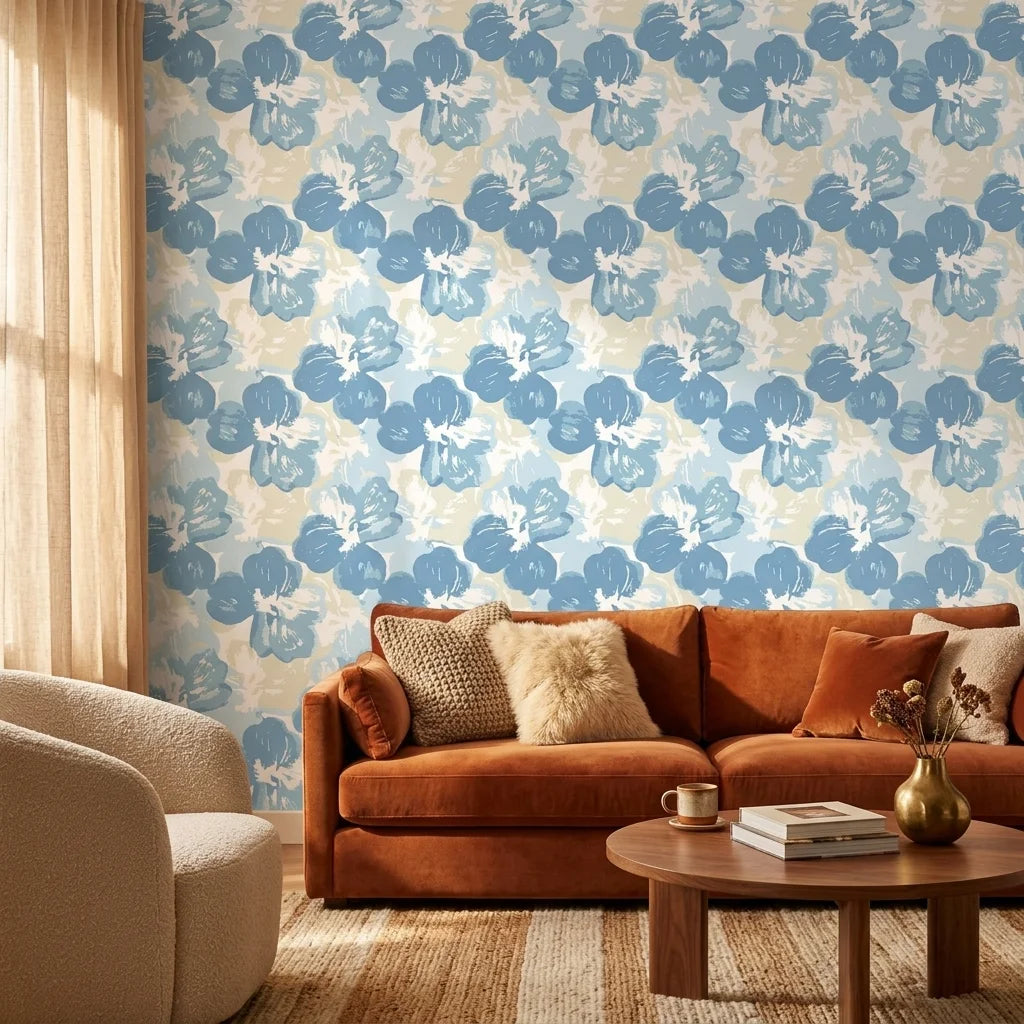 Wide Open Sky blue floral peel and stick wallpaper adding character to a cozy bedroom