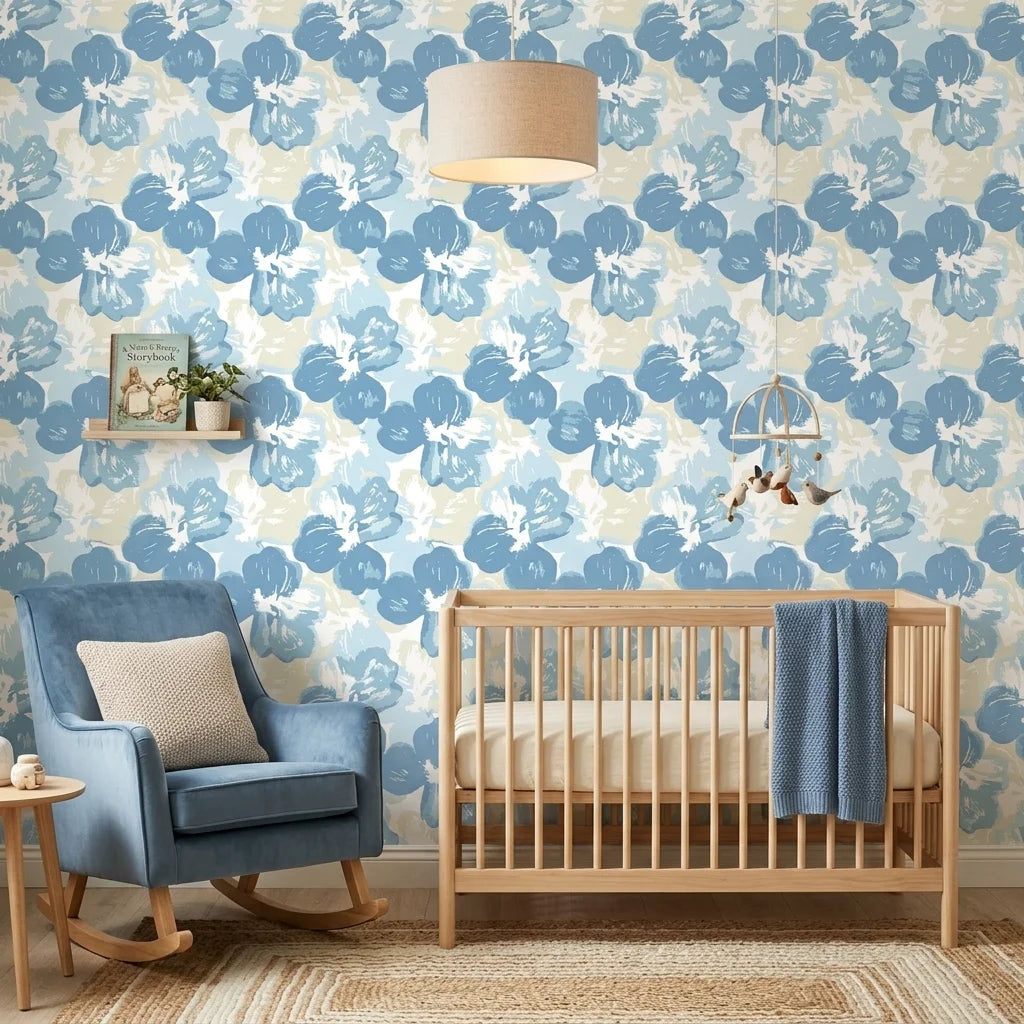 Wide Open Sky blue floral peel and stick wallpaper as a feature wall in a bright home office