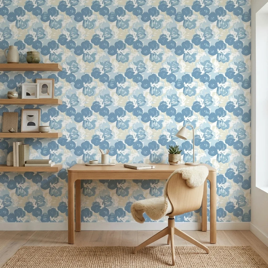 Wide Open Sky blue floral peel and stick wallpaper creating ambiance in a serene bathroom