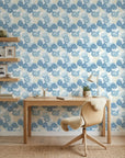 Wide Open Sky blue floral peel and stick wallpaper creating ambiance in a serene bathroom