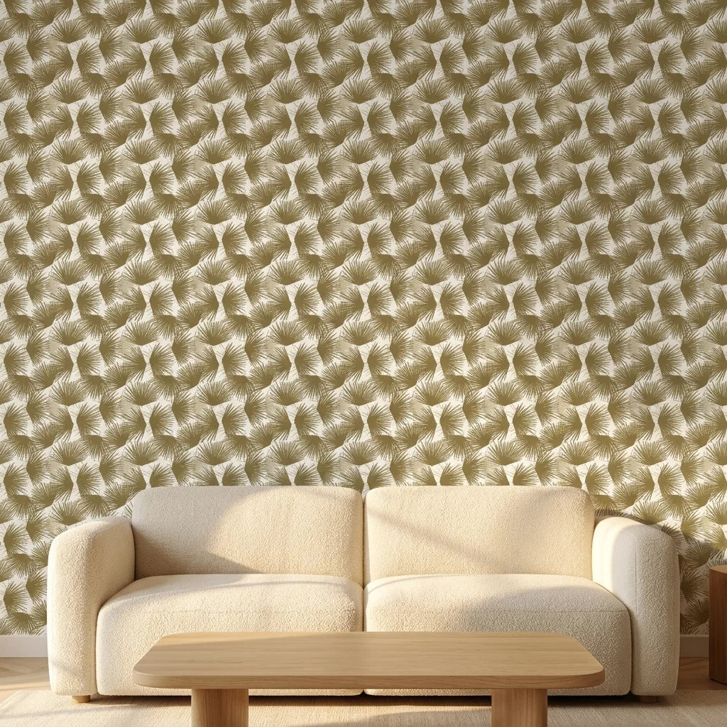 Wild Palm gold botanical peel and stick wallpaper in a warm and inviting living room